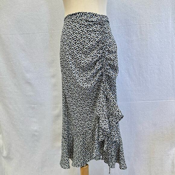 Max Studio Ruffle Cinched Skirt midi skirt blue/white floral print size large - Picture 1 of 13